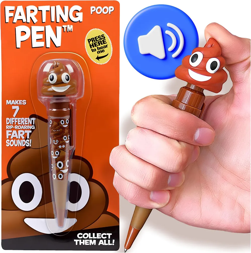 Poop Pen in its package with a hand pressing the topper